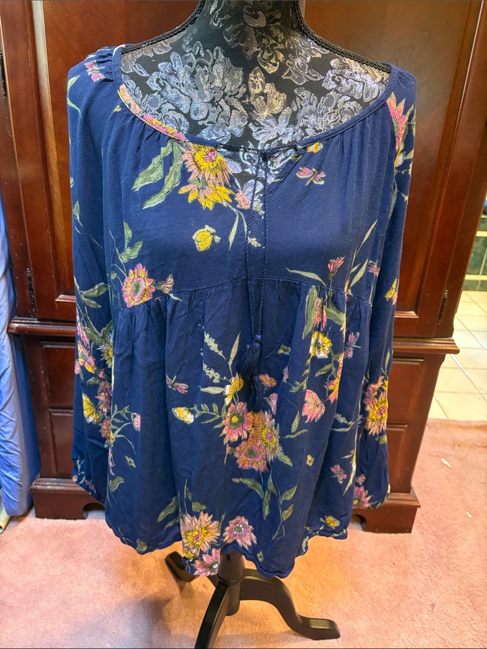 Old Navy Navy Blue Floral Peasant Babydoll Blouse